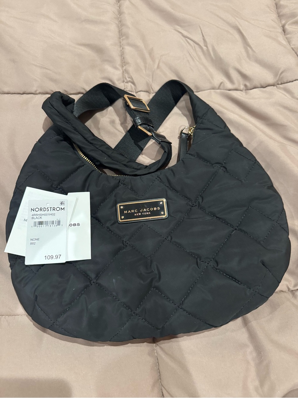 Marc Jacobs Black Quilted Hobo Shoulder Bag with Gold Plaque